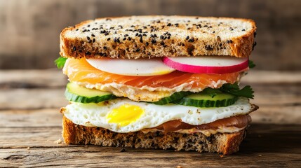 Aufkleber - Healthy smoked salmon sandwich with soft egg cream cheese cucumber radish on toasted whole grain bread rustic wooden background
