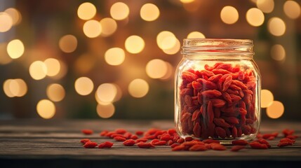 Aufkleber - Glass jar filled with illuminated dried goji berries surrounded by a soft bokeh background creating a warm and inviting atmosphere