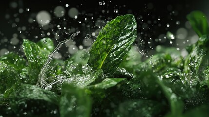 Poster - Fresh mint leaves splashing in water with droplets creating a refreshing and vibrant natural scene