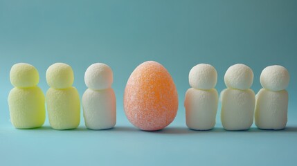 Poster - Colorful marshmallow candy figures arranged in a row with a decorative candy egg in the center on a pastel blue background