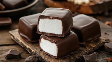 Poster - Chocolate coated marshmallows stacked on a rustic wooden surface surrounded by cocoa and chocolate pieces