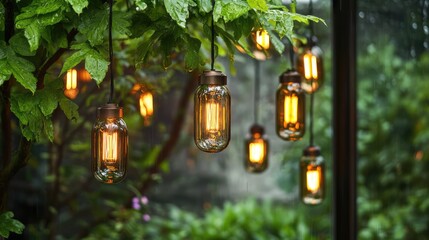 Aufkleber - Vintage hanging string lights illuminating a garden tree on a rainy day with a rustic modern aesthetic and warm glowing bulbs.