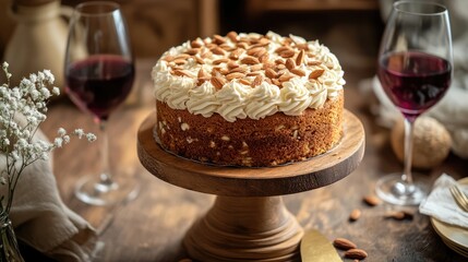 Aufkleber - Almond Marzipan Cake with Creamy Frosting on Wooden Pedestal Surrounded by Red Wine Glasses and Charming Table Decor