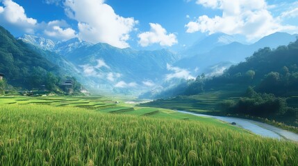 Poster - Lush green rice paddies alongside a serene river framed by majestic mountains and vibrant skies under a bright blue atmosphere.