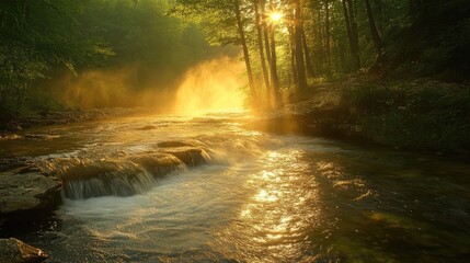 Poster - Serene natural landscape featuring illuminated water vapor over a tranquil stream in a forest during sunrise Ø£Ùˆ sunset.