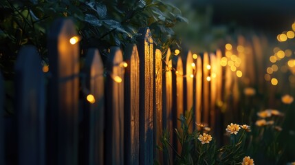 Aufkleber - Warm glowing lights adorning a wooden fence surrounded by flowers in a serene garden setting at dusk.