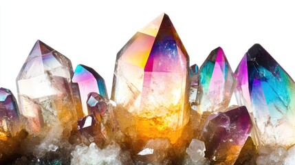 Poster - Natural quartz aura titan semigem geode crystals in vibrant colors isolated on white background showcasing geological beauty and uniqueness