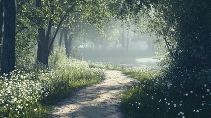 Poster - Serene footpath winding through lush greenery in a tranquil park setting surrounded by blooming wildflowers and soft morning light