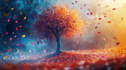 Aufkleber - Colorful autumn foliage falling from a vibrant tree in a serene forest setting with beautiful bokeh effects and warm sunlight.