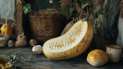 Aufkleber - Ripe marrow squash cut open showcasing seeds on rustic wooden table background with harvested vegetables and natural decor