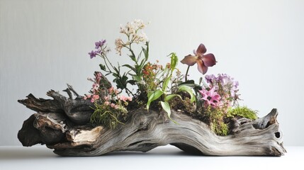 Aufkleber - Driftwood centerpiece adorned with vibrant flowers and lush plants showcasing natural beauty and artistic arrangement