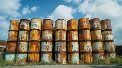 Poster - Weathered metal barrels stacked outdoors against a blue sky with clouds showcasing rust and industrial textures in an urban setting.