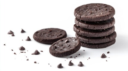 Poster - Stack of dark chocolate chip cookies with crumbs on white background showcasing delicious homemade bakery treats and sweet desserts