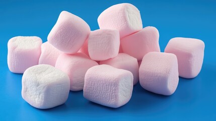 Poster - Pink marshmallows stacked on a vibrant blue background creating a playful and inviting confectionery scene for desserts and snacks.