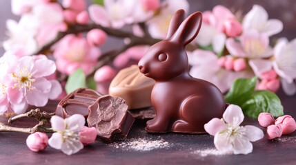 Aufkleber - Chocolate rabbit surrounded by marzipan flowers and blossoms on a dark background creating a delightful springtime confectionery scene