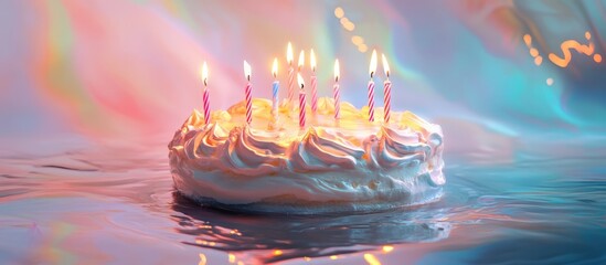 Poster - Colorful birthday cake with glowing candles on reflective surface celebrating joy and happiness in a festive setting