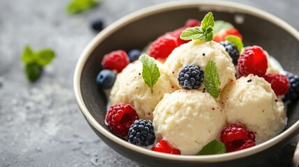 Aufkleber - Wholesome cottage cheese dumplings topped with fresh berries and mint for a refreshing breakfast delight