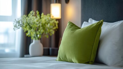 Poster - Contemporary bedroom interior featuring a green pillow on a stylish bed with decorative flowers in an elegant vase.