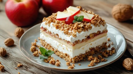 Poster - Layered dessert with granola, apple slices, cream, and compote on a rustic wooden table with fresh ingredients surrounding it