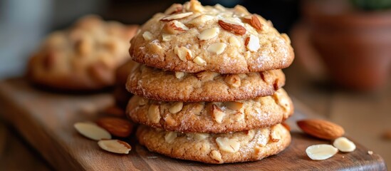 Aufkleber - Almond cookies stacked on a wooden board with garnished almonds in a cozy morning setting