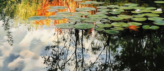 Aufkleber - Reflective lake surface capturing vibrant autumn colors and lily pads in serene August setting