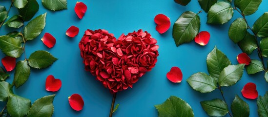 Poster - Aesthetic heart arrangement with rose petals and green leaves on a vibrant blue background ideal for romantic greeting card designs