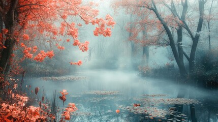 Poster - mystical forest landscape with fog and autumn leaves reflecting in tranquil pond during cold season