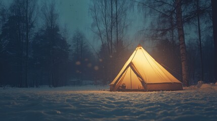Aufkleber - Cozy illuminated tent in a snowy winter landscape creating a warm and inviting atmosphere in the serene wilderness at twilight.