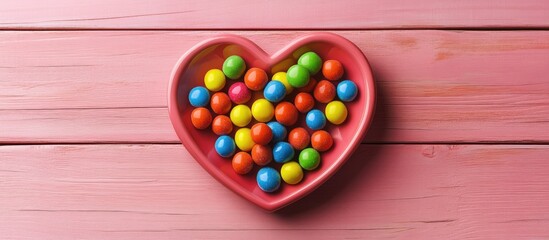 Poster - Heart-shaped plate filled with vibrant multicolored candies on a pink wooden background perfect for celebrations or sweet treats.