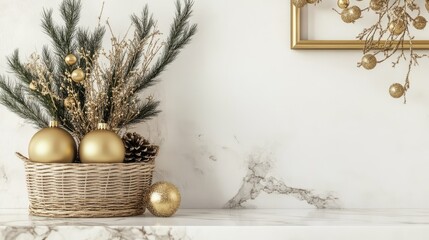 Aufkleber - Elegant holiday decor with gold ornaments and pine branches in a basket on a marble table against a white wall for festive interior design.