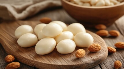 Poster - Delicious marzipan candies shaped like eggs with whole almonds on rustic wooden board and natural background setting