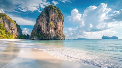 Poster - Serene coastal landscape featuring a dramatic rock formation beside a tranquil white sand beach under a bright morning sky