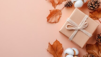 Poster - Autumn holiday composition featuring gift box dried leaves and cotton flowers on a pastel background minimalistic flatlay design