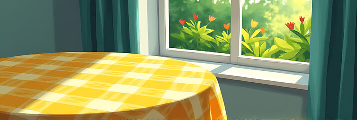 Aufkleber - A yellow checkered tablecloth is placed on a surface next to an abstract depiction of a green garden through a window in the background._00004_