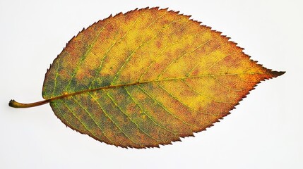Aufkleber - Autumn leaf with vibrant golden and red hues isolated on white background showcasing seasonal beauty and nature's transformation