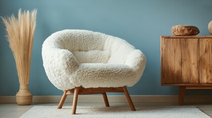 Poster - Cozy modern living room with fluffy armchair wooden commode and soft decor elements on serene blue wall inviting atmosphere for relaxation