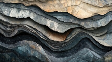 Poster - Sedimentary rock formations displaying distinct layered textures and colors in a natural hillside landscape