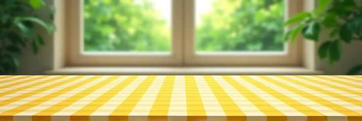 Aufkleber - A yellow checkered tablecloth is placed on a surface next to an abstract depiction of a green garden through a window in the background._00003_