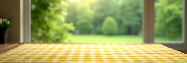 Aufkleber - A yellow checkered tablecloth is placed on a surface next to an abstract depiction of a green garden through a window in the background._00002_