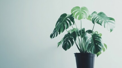 Poster - Monstera plant in black plastic pot against a white background showcasing vibrant green variegated leaves for home decor and interior design.