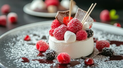 Poster - Marshmallow dessert topped with fresh raspberries and blackberries garnished with chocolate on a stylish plate in a modern setting