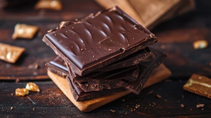 Poster - decadent layers of rich chocolate wafers stacked on rustic wooden table surface
