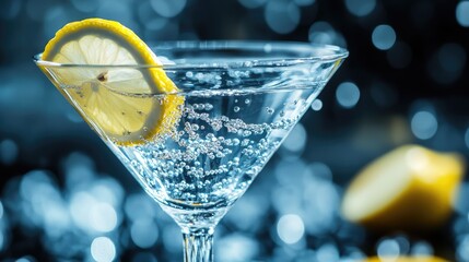 Poster - Refreshing martini cocktail with lemon slice and bubbles in focus against a shimmering background ideal for beverage and lifestyle concepts