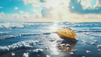 Poster - Golden Leaf on Shoreline with Gentle Waves and Summer Sky at Sunset