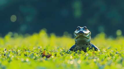 Poster - Crocodile resting on lush green grass with a blurred background showcasing its natural habitat in the wild.