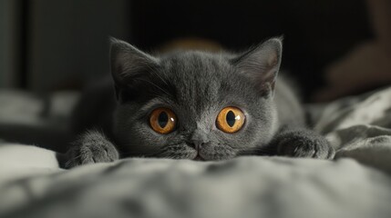 Poster - Playful grey munchkin cat with striking orange eyes relaxing on a soft bed and curiously gazing at the camera in a cozy indoor setting