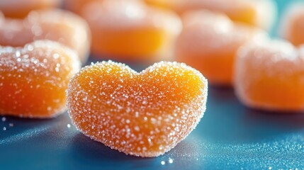 Poster - Heart-shaped marmalade candies coated in sugar on a vibrant background creating a delightful and colorful confectionery scene.