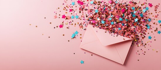 Poster - Festive greeting card design with envelope and colorful confetti stars on a soft pink background flat lay composition