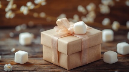Poster - Marshmallows in a gift box surrounded by decorative elements on a rustic wooden background ideal for sweet gift themes