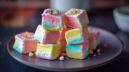 Poster - Colorful pastel marshmallows stacked on a plate with sprinkles creating a delightful and vibrant dessert display.